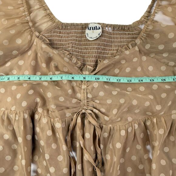 Arula Polka Dot Babydoll Mini Dress Size A 1X Tan Chiffon Long Sleeve - Picture 9 of 10